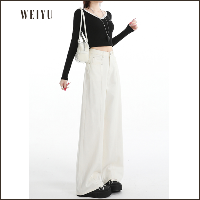 秋冬加绒加厚高腰显瘦直筒牛仔裤女宽松复古拖地阔腿裤