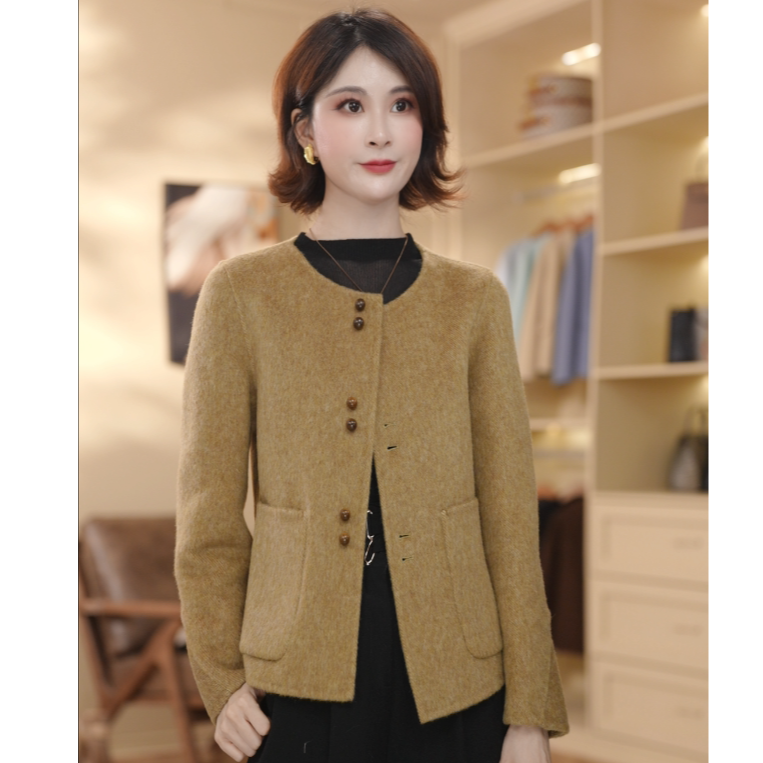 【小野】2025上新圆领六粒扣修身双面羊毛大衣短款外套25207