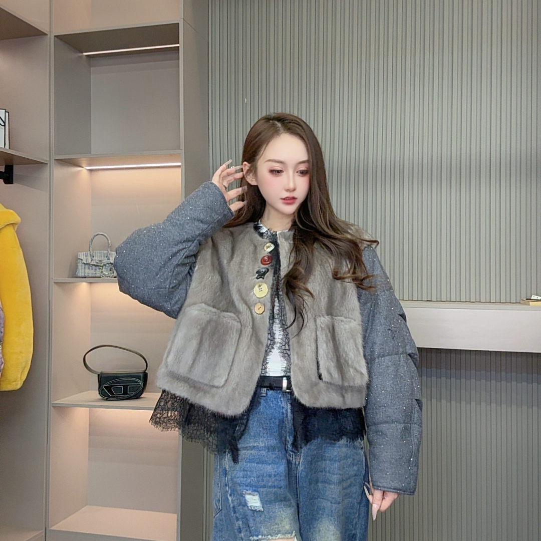2025高端欧货轻奢时尚水貂毛拼鹅绒皮草外套1223