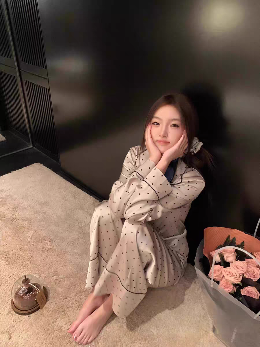 春秋季新款冰丝翻领开衫甜美可爱长袖长裤家居服套装可外穿两件套