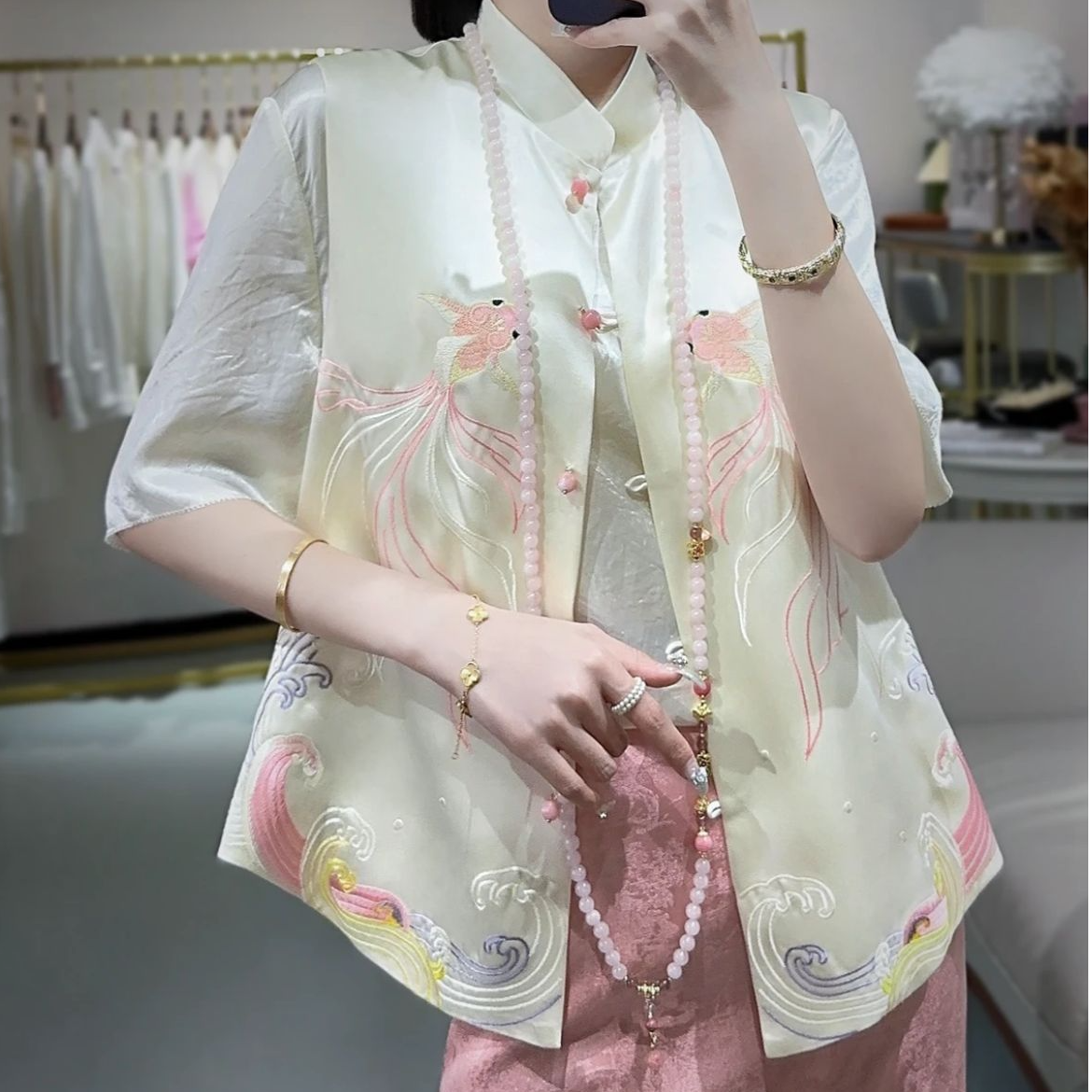 无袖百搭上衣休闲刺绣直襟中国风动物图案古风女装立领提花