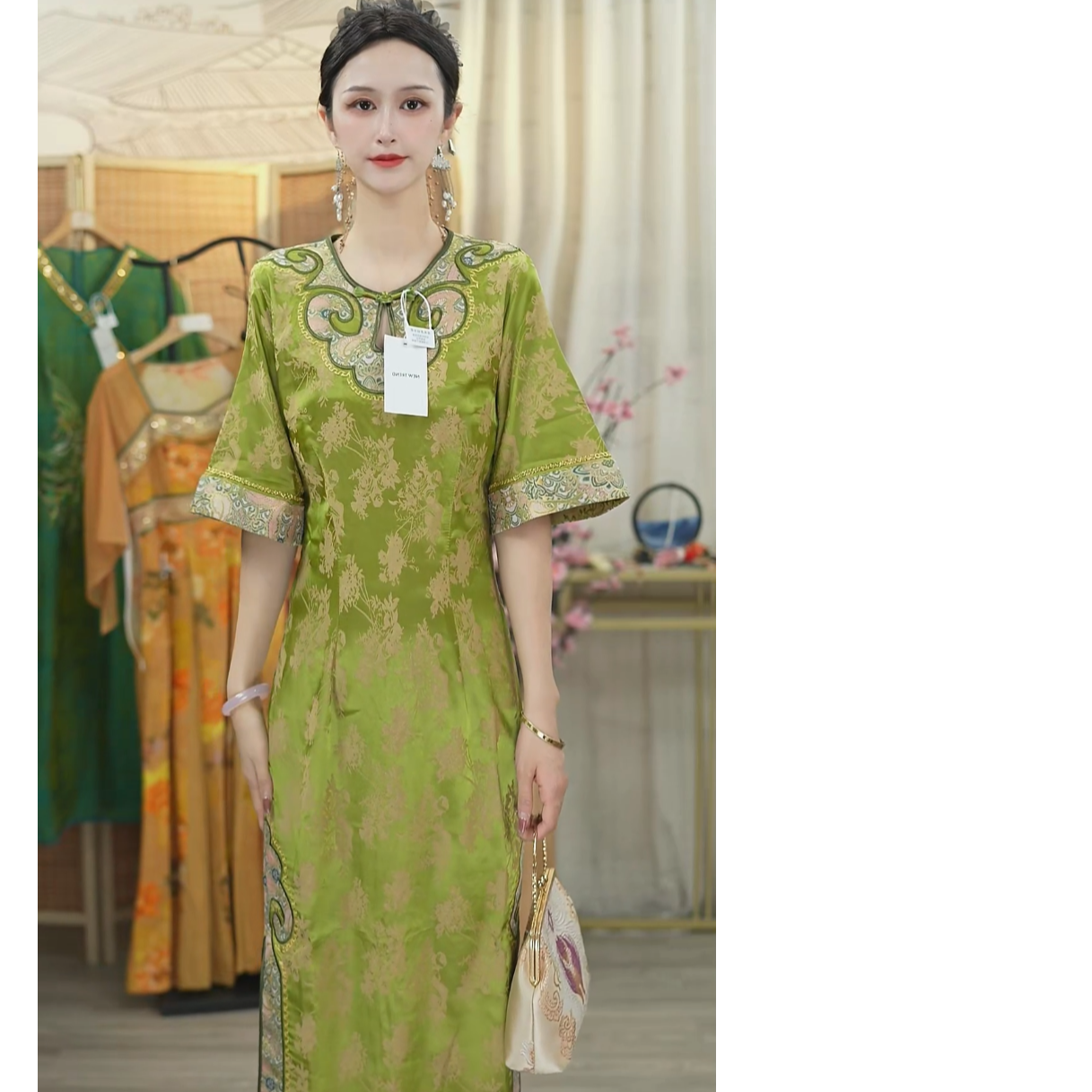 花无雪2025夏季新款中国风复古日常绿色修身长款旗袍WW（1628）