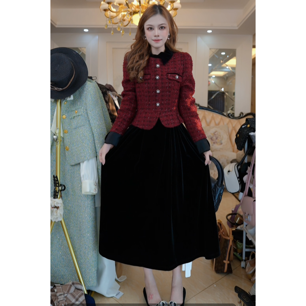 小香风拼接假两件丝绒长袖连衣裙2025秋冬新款时尚中长裙A79282