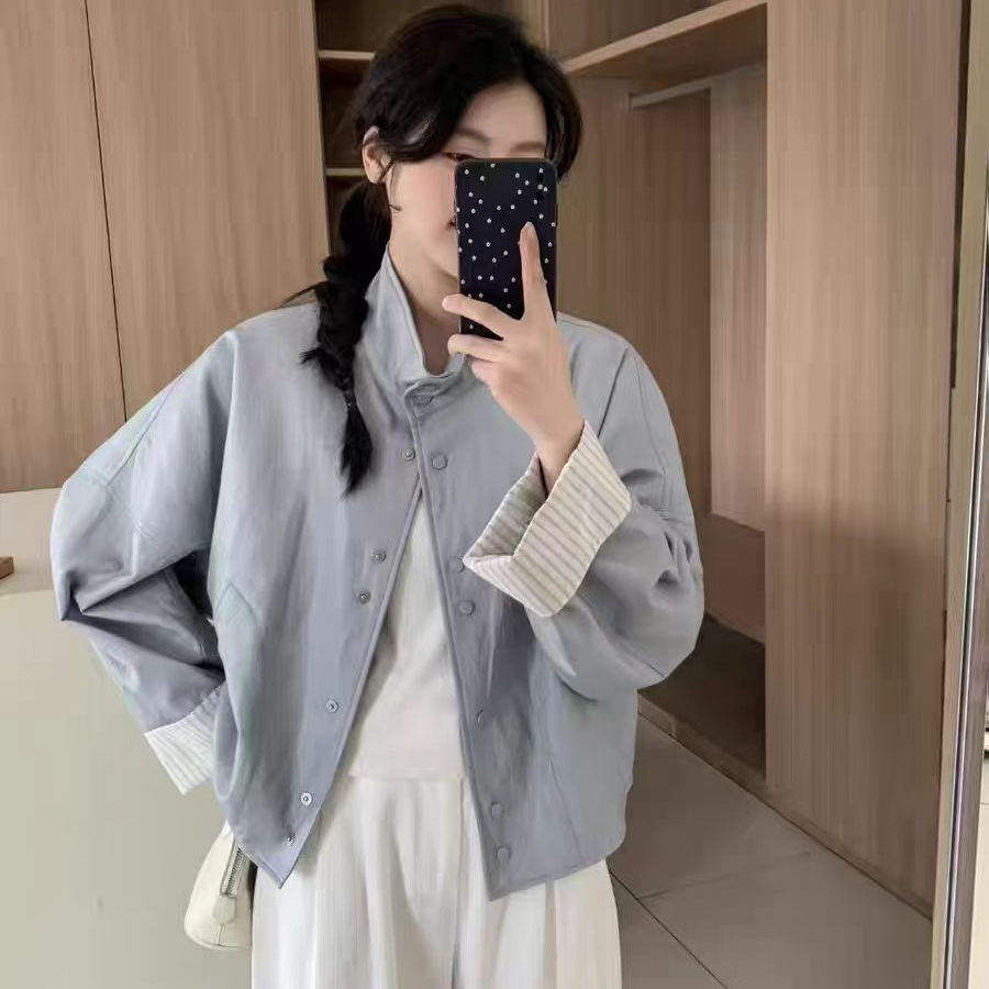 【嘉人有约】25221-5韩版百搭休闲立领单排扣宽松显瘦口袋短外套