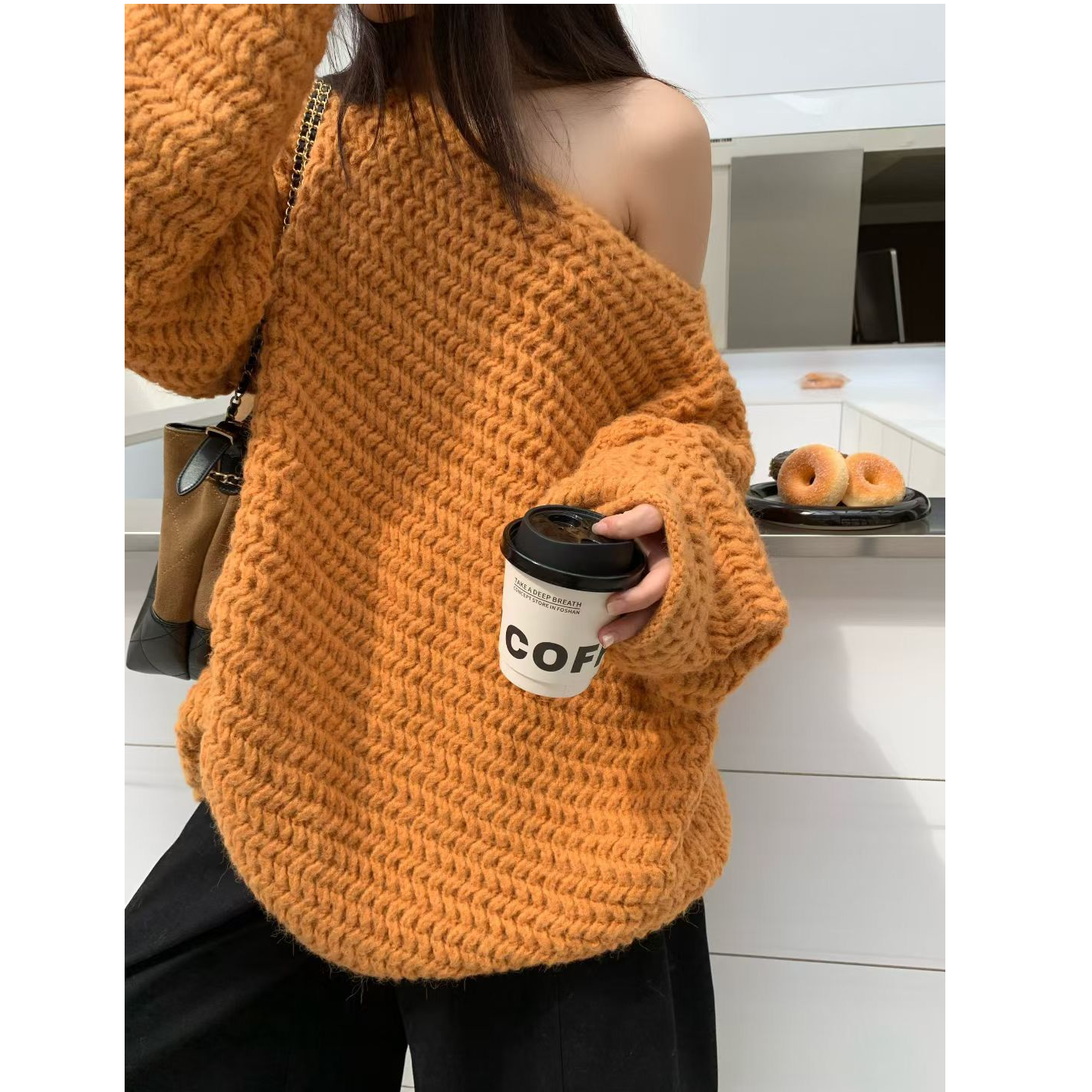 秋冬韩系氛围感加厚一字肩显瘦毛衣慵懒风软糯宽松大版针织衫女