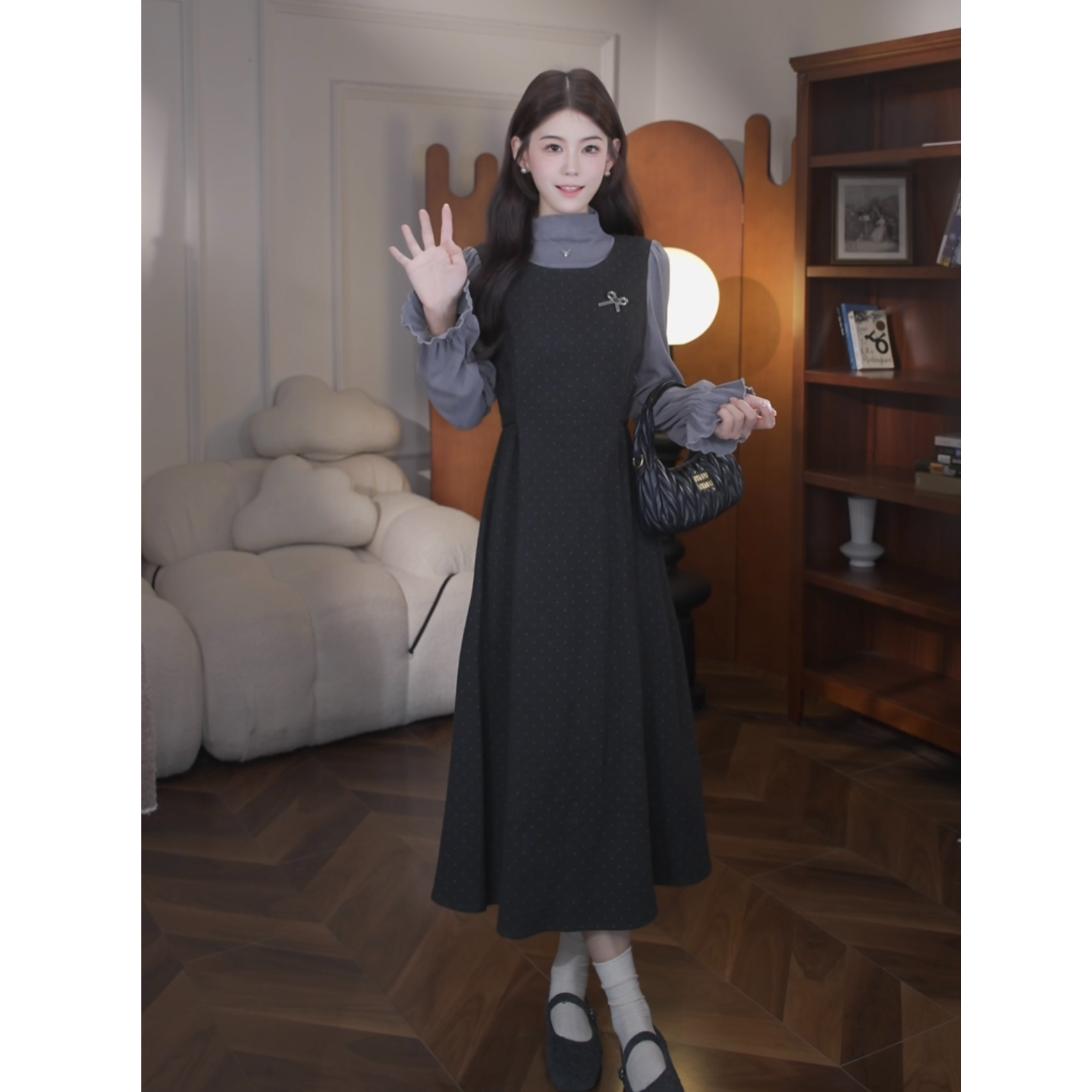 鹿向南【韩漫瘦瘦裙】韩系气质方领假两件连衣裙女秋冬收腰中长裙