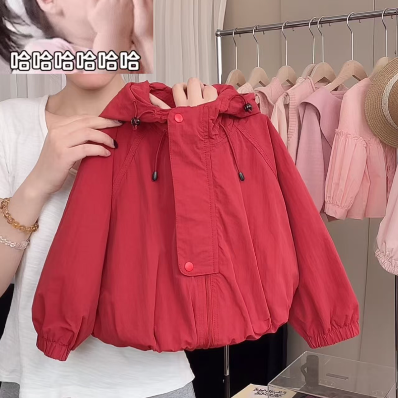 现货 春秋短款女童韩版女冲锋衣户外红色连帽防风休闲
