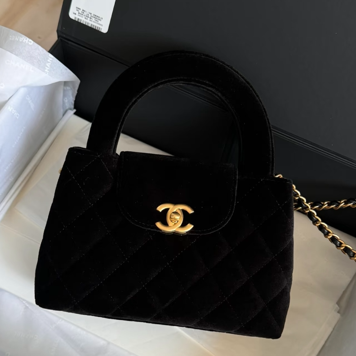 99新 Chanel/香奈儿 24期黑金丝绒Kelly包 18161609