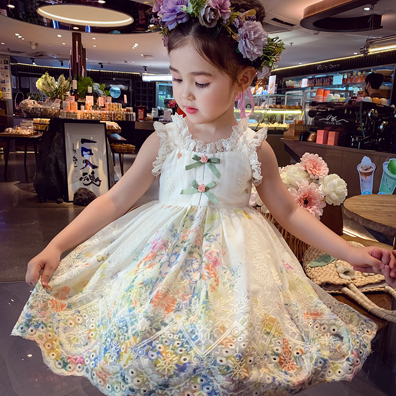 【现现】米米哈罗女童时髦洋气法式浪漫油画无袖连衣裙X25474