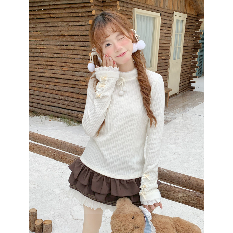 sinsingirl 甜心糖霜 奶呼呼米色蝴蝶结打底衫冬季半高领长袖上衣