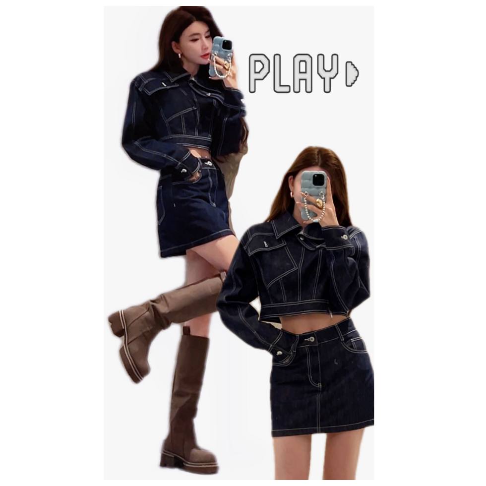  婉君【线条牛仔】秋季百搭牛仔套装外套+半身裙LWJ23C3TZ629