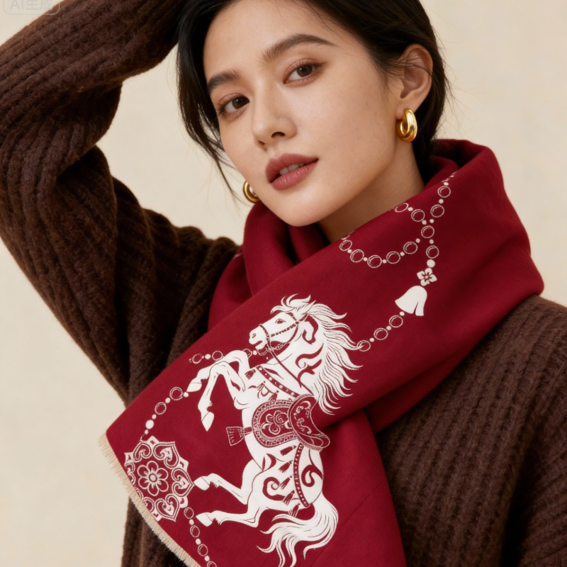 马年红围巾定制新年春节保暖简约流苏本命年年会红色仿羊绒围脖女