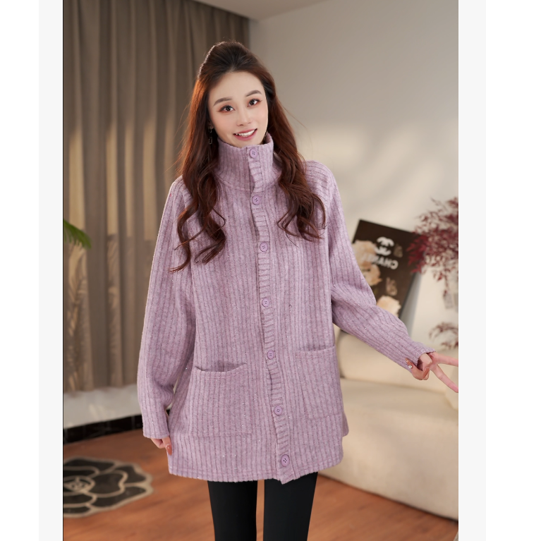 2025冬季厚款毛针织慵懒风纽扣可翻领加厚外套上衣251129