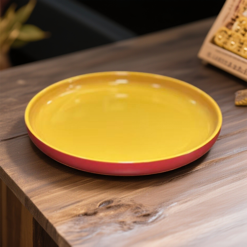 【DQ家】13.5*2CM 暖黄色&莓红色 陶瓷圆盘 手工甜品盘 家用鸡蛋盘