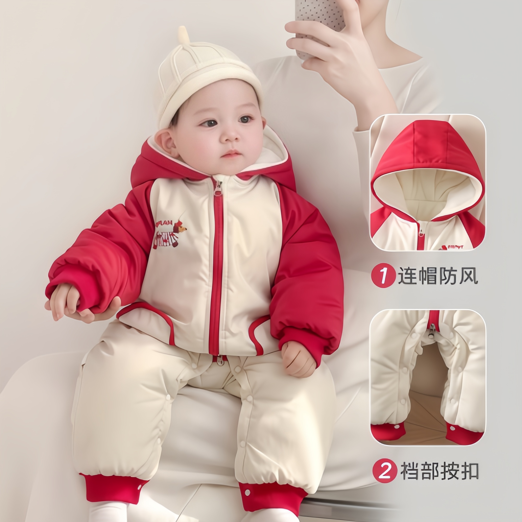 宝宝过年服婴儿连体衣新生儿宝宝冬装哈衣加厚保暖爬服连帽外出服