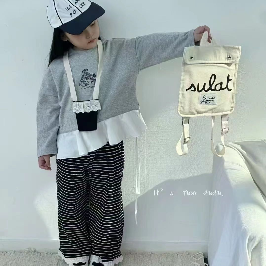 【新疆包邮】春季新款蕾丝边T恤＋条纹裤两件套L007