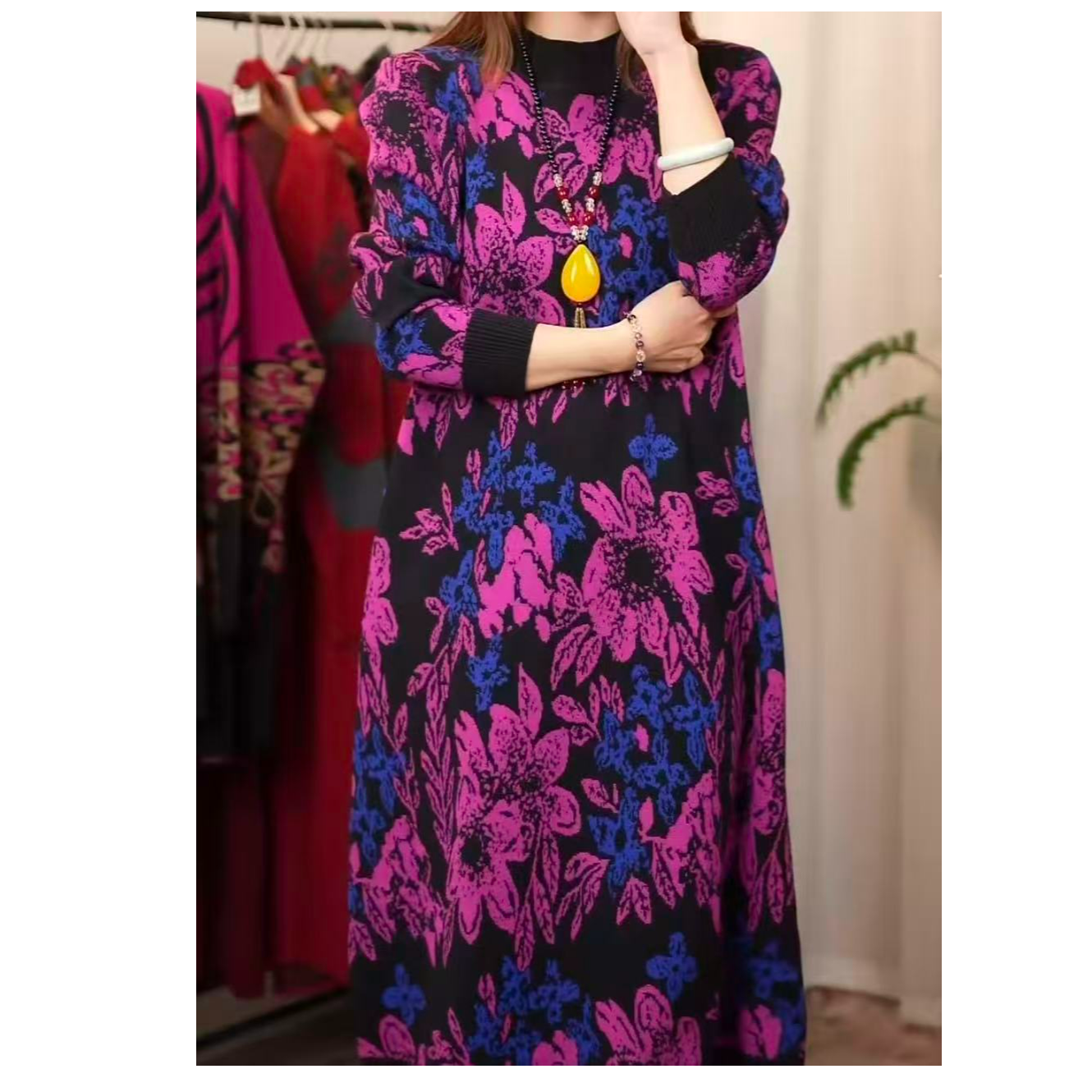 【027】秋冬新款时尚百搭女士轻奢气质显瘦提花中长款妈妈装连衣裙