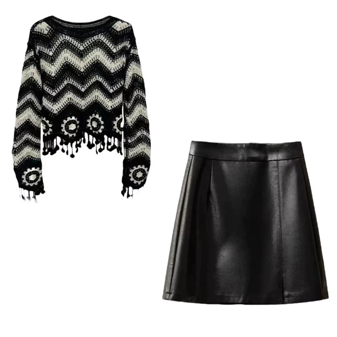 《上衣+皮裙》两件套 大码法式复古圆领针织衫秋冬设计感民族风套装