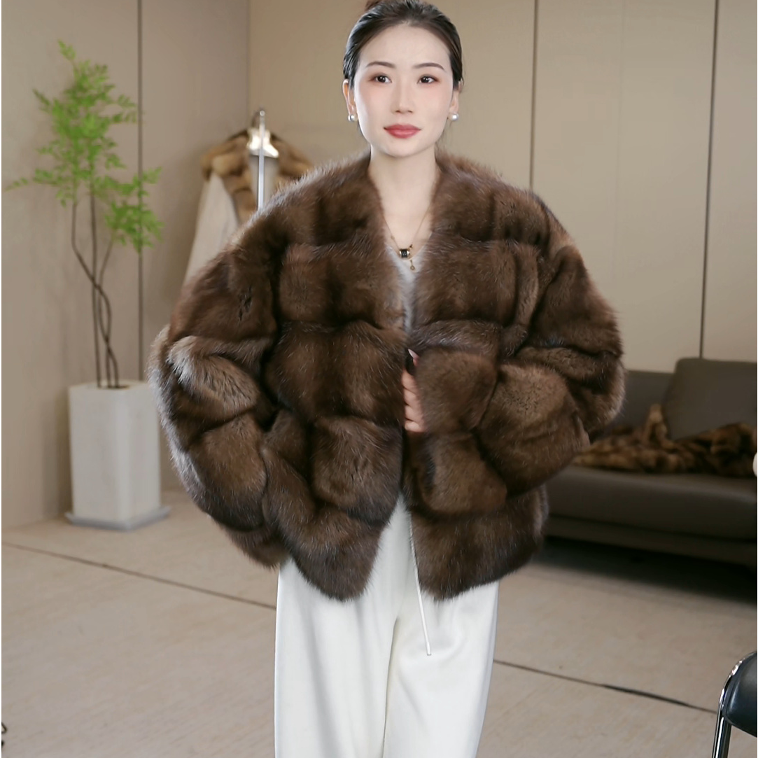 俄罗斯貂貂短款V领横排南瓜袖进口俄罗斯水貂保暖水貂时尚休闲