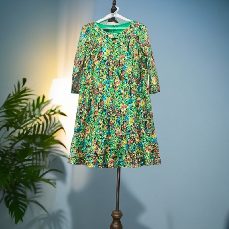 春季新款圆领黄绿色碎花宽松连衣裙裙子C602