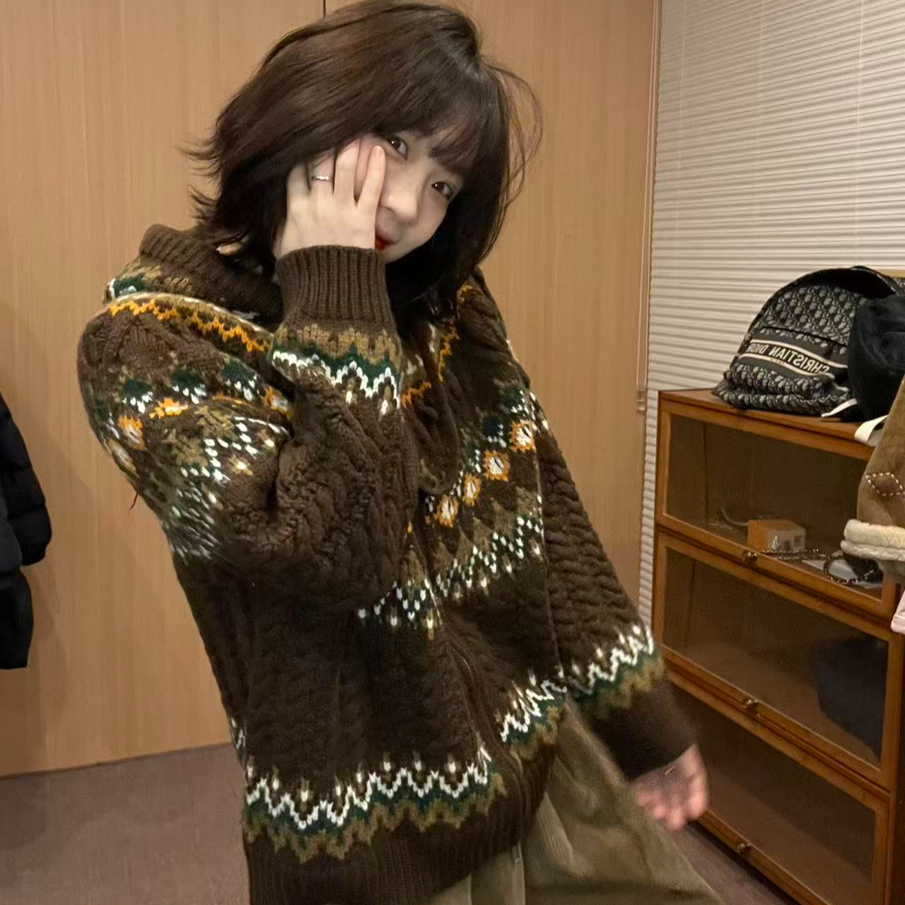 Sevbasks 2025 韩版 复古棕提花连帽抽绳拉链慵懒风开衫