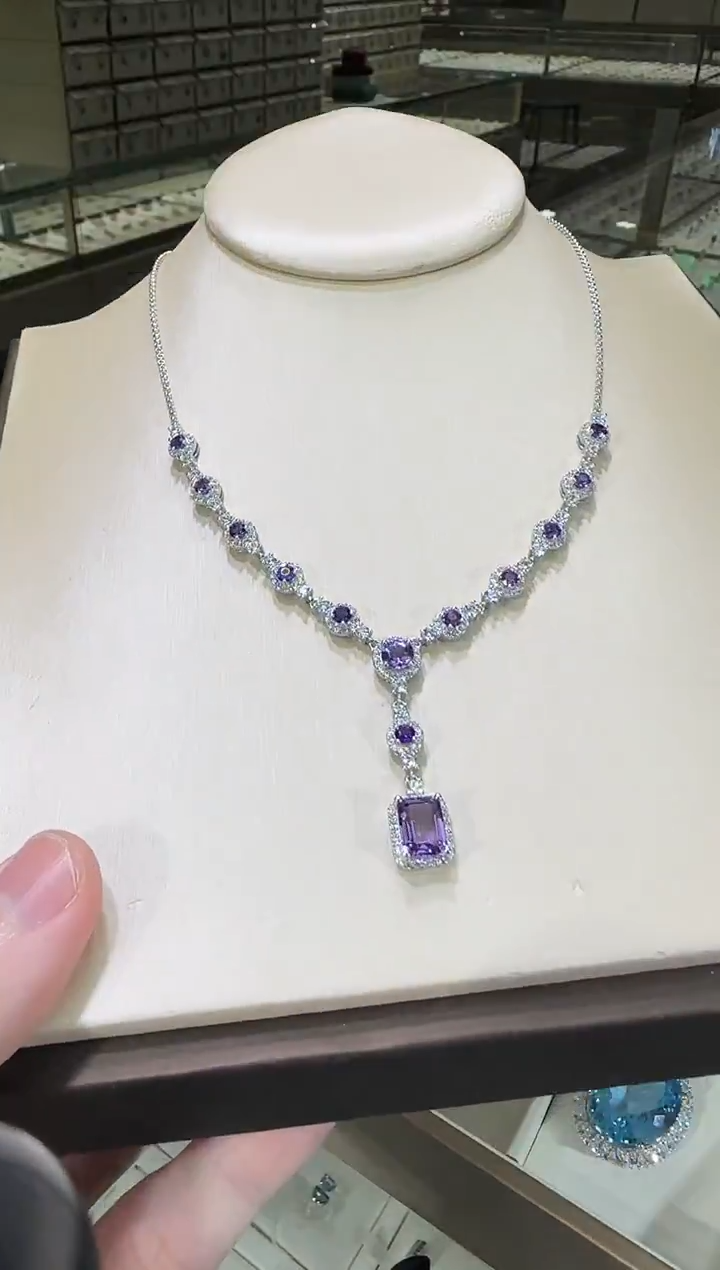 颈饰银S925镶嵌紫晶10*8mm套链精致款
