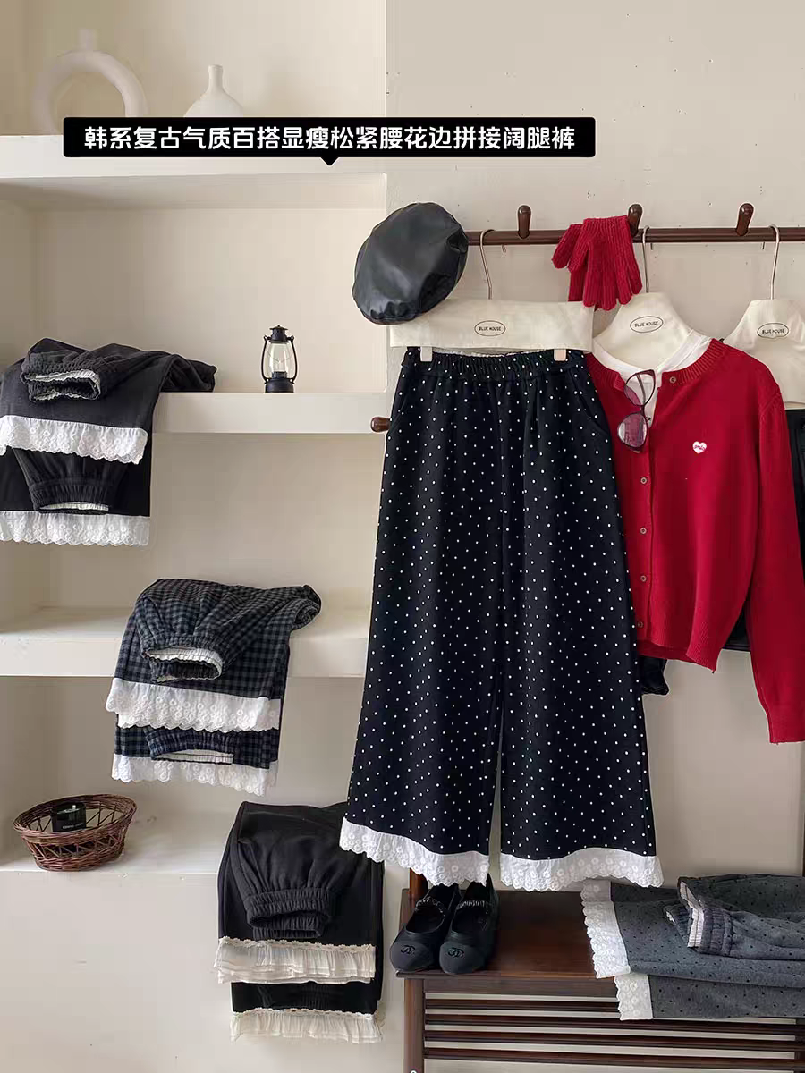婕咪蕾丝边韩系波点七分裤