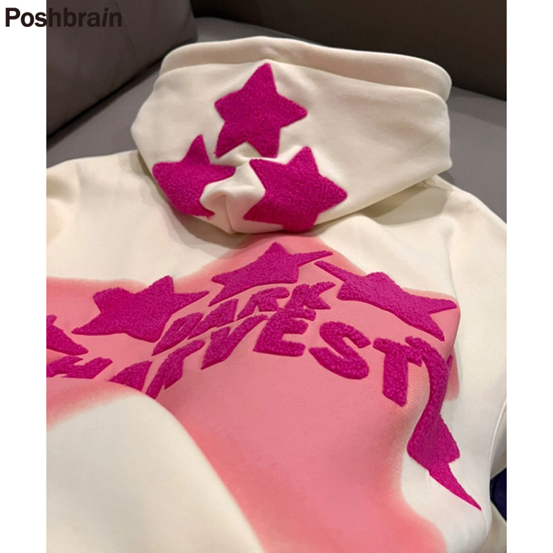 美式复古渐变星星加绒卫衣女ins宽松潮流百搭春秋款外套连帽休闲