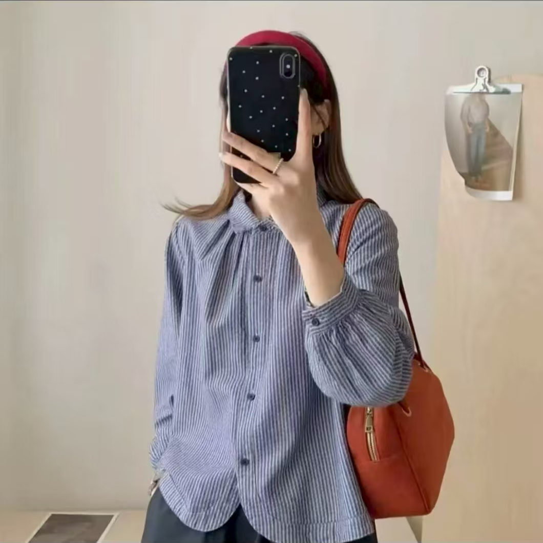 2025高级感复古拼接条纹长袖衬衫女2025秋季新款休闲洋气百搭上衣