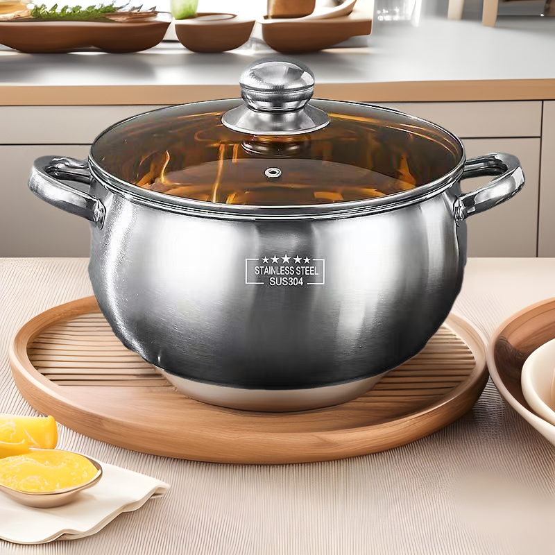 【特价专供】加厚304明珠汤锅苹果锅玻璃盖鼓型锅24cm