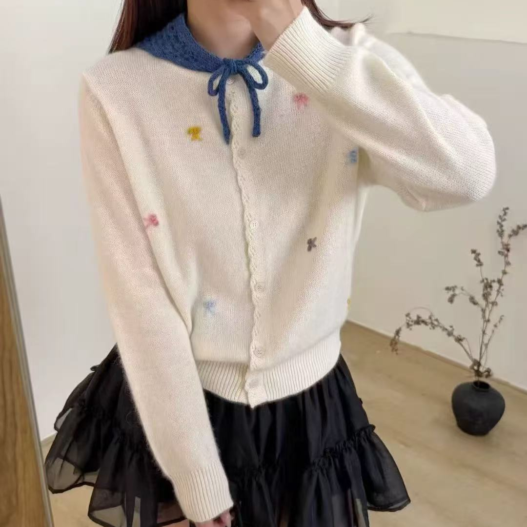 【济州岛】设计感立体蝴蝶结花边门襟开衫毛衣