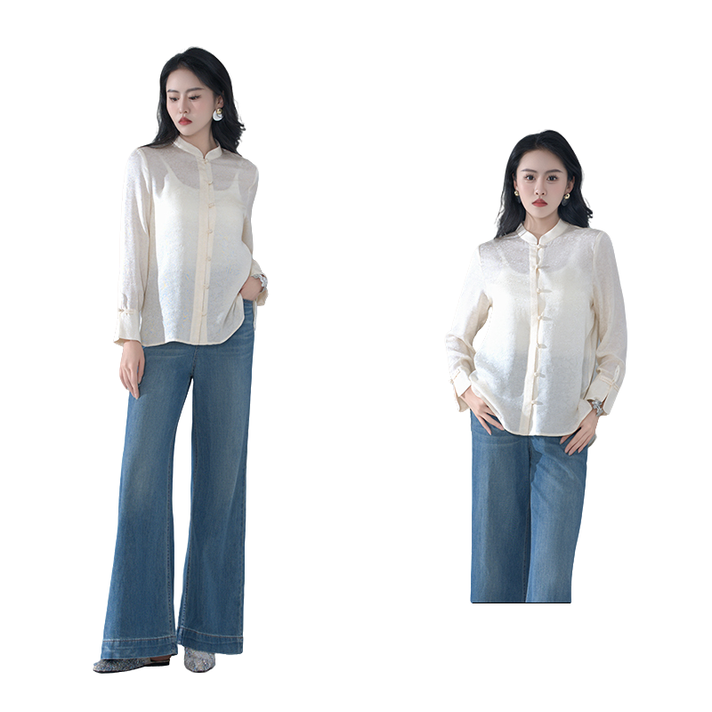 真丝（莲蹊）提花新中式春夏国风时尚立领盘扣长袖衬衫-60601