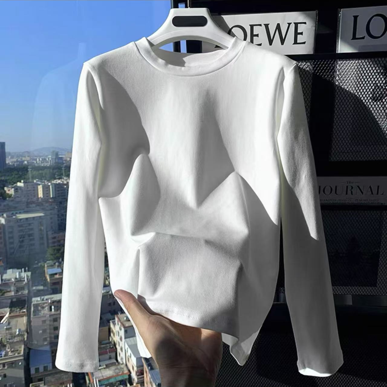 白色正肩圆领长袖T恤女新款设计感宽松百搭纯色打底跑步运动服211