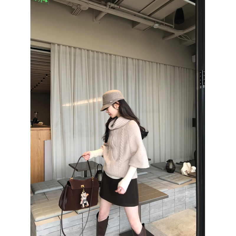   麻花针织套头斗篷羊毛毛衣女秋冬慵懒宽松高领打底针织衫