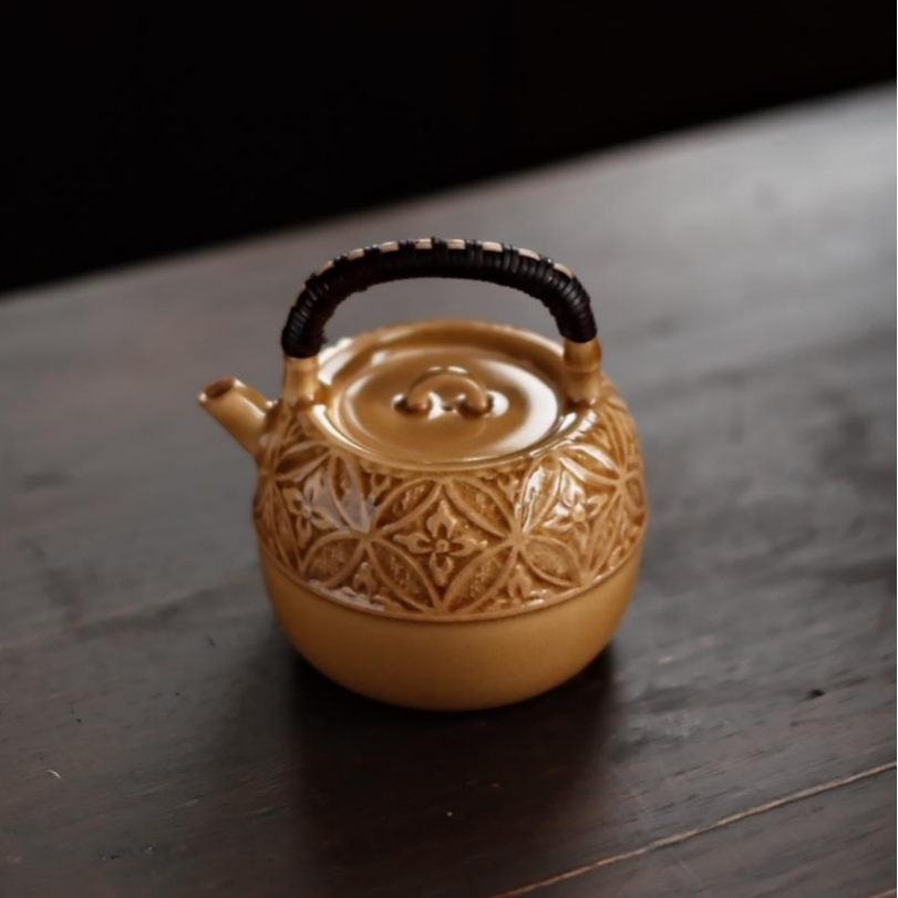 【叁山】赤金琉璃-梵山堂-钱纹窗花柿形小品壶-170ml（W0668）