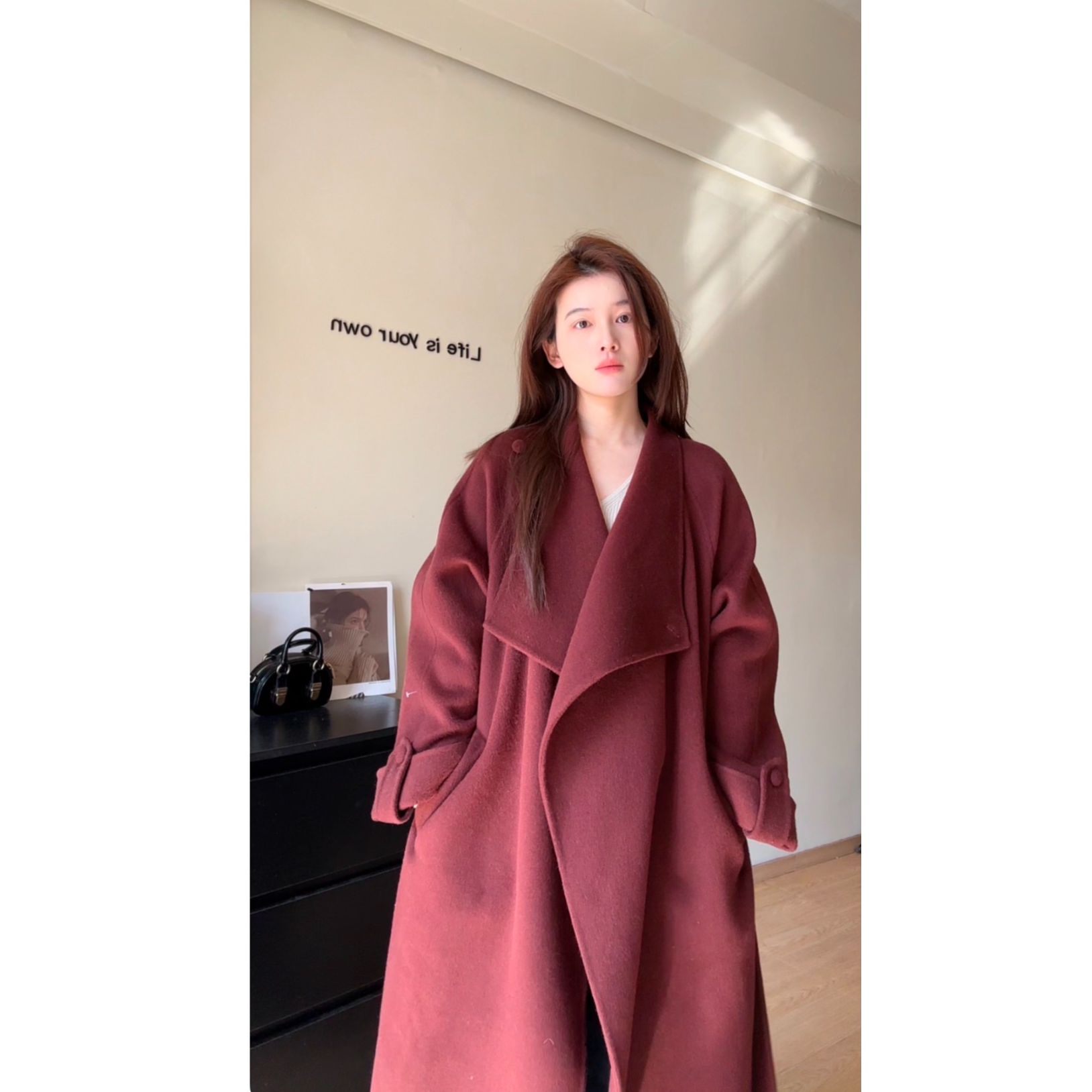 【】秋冬新款时尚气质修身百搭宽松双面呢大衣外套24010