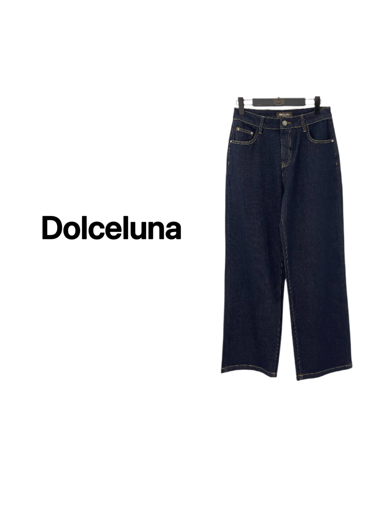 【月姐严选】早春L字母刺绣丹宁色百搭女士牛仔直筒阔腿长裤-16669