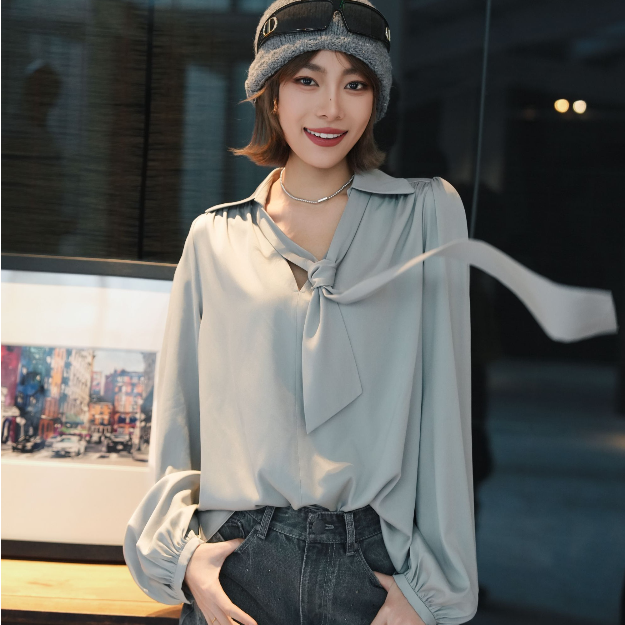 AMASS/阿玛施简约气质长袖纯色链条飘带衬衫5300968