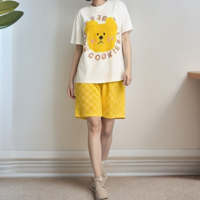B1007大黄熊双短家居套装带胸垫
