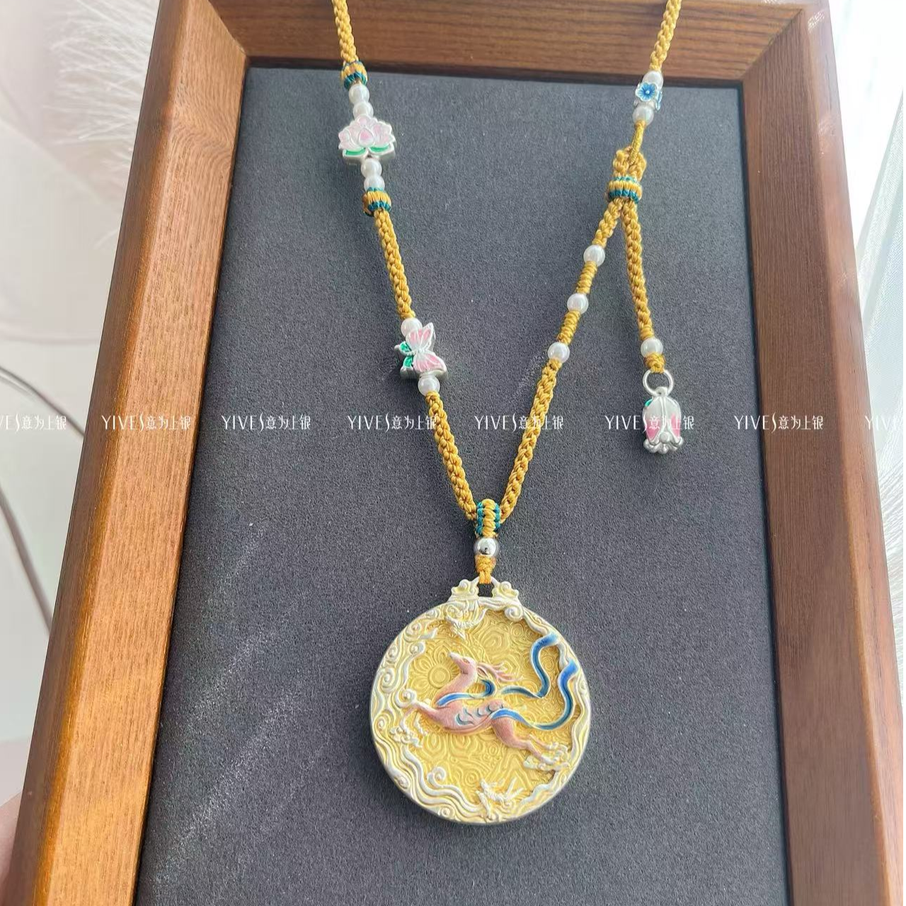 吊坠足银 足银999珐琅彩描金敦煌鹿平安扣吊坠新中式国风手工编绳