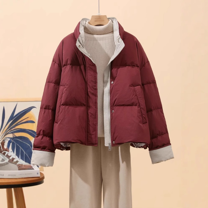 2025冬季时尚糖果色新款羽绒服女士短款拼接色面包外套