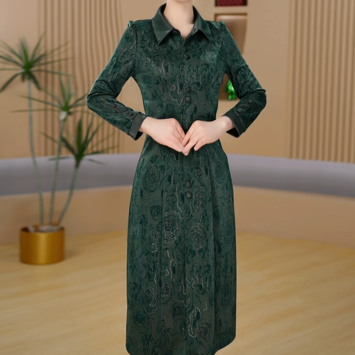 【晨薇女装】219-2早春穿搭新中式连衣裙时尚大气收腰修身显气质