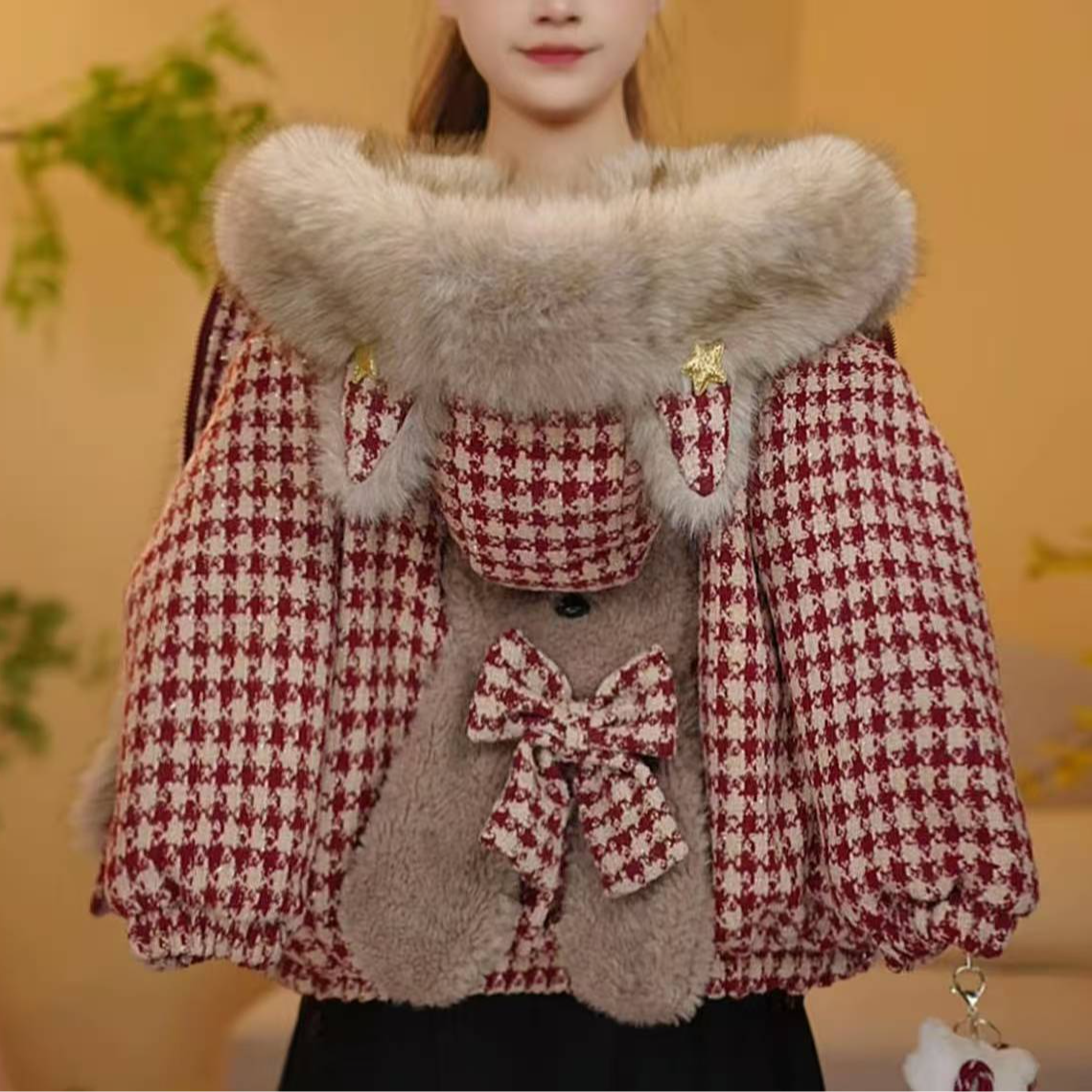 女童冬季装2025年新年连帽加厚加绒外套宝宝拜年服