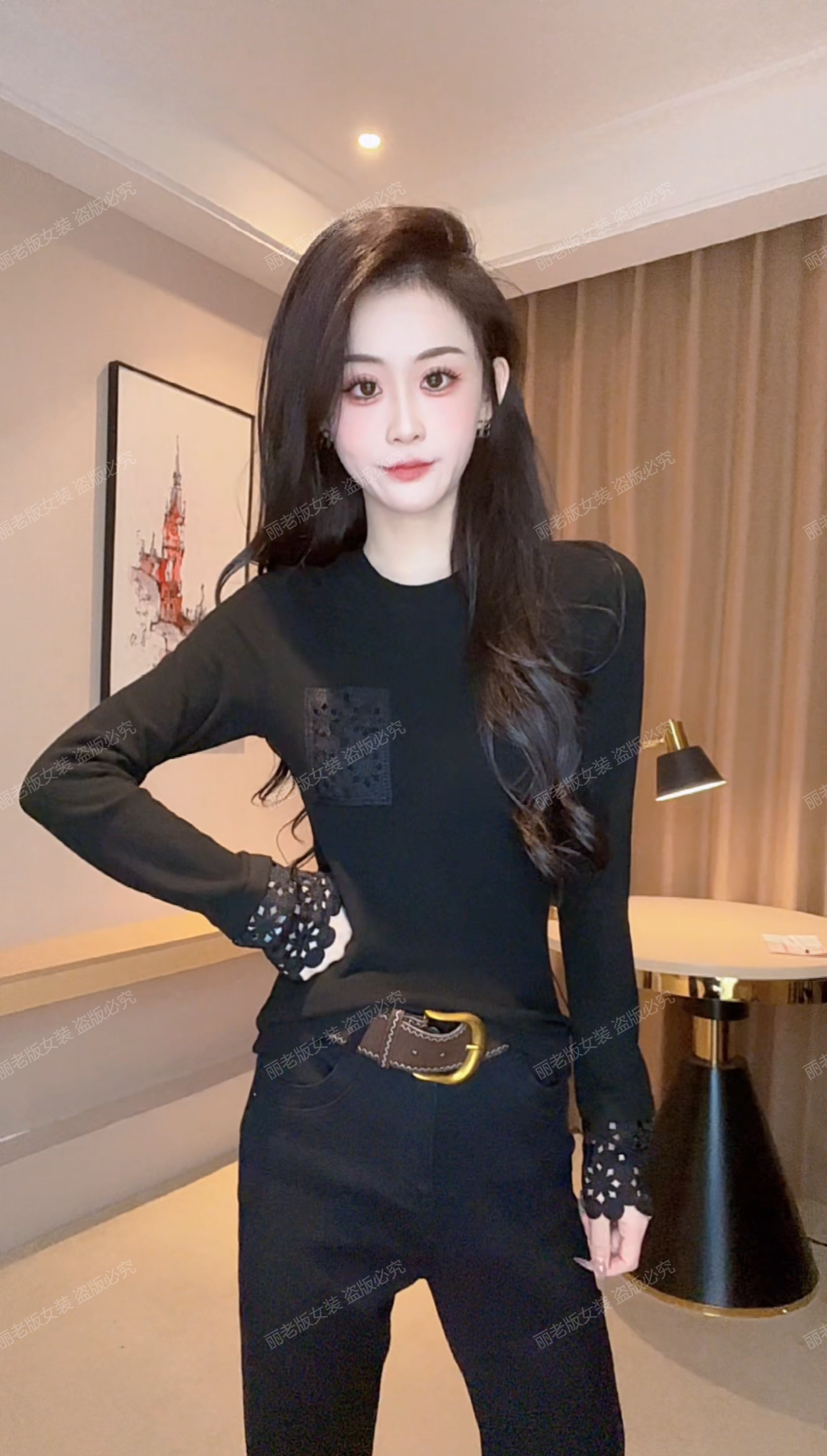 Wu【嵌花蕾丝】秋冬德绒镂空气质长袖洋气蕾丝时时尚打底绒衫