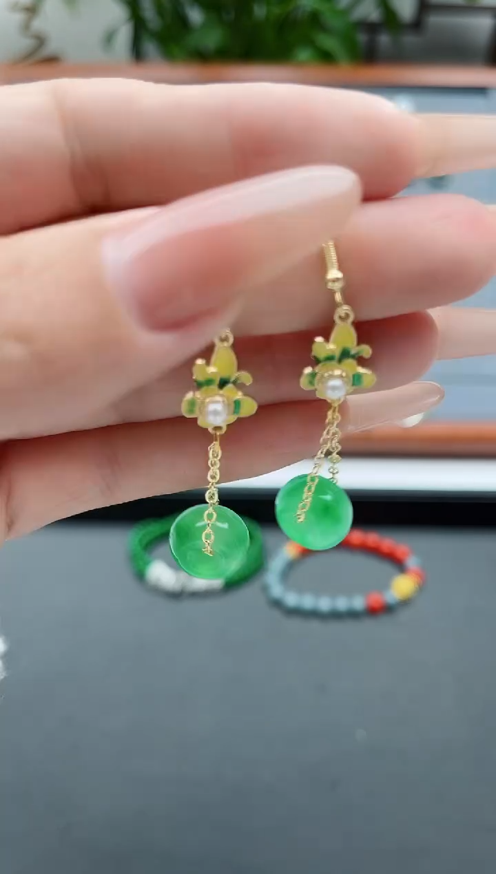 【闪购商品】石英质玉耳饰银S925镀金镶嵌1112