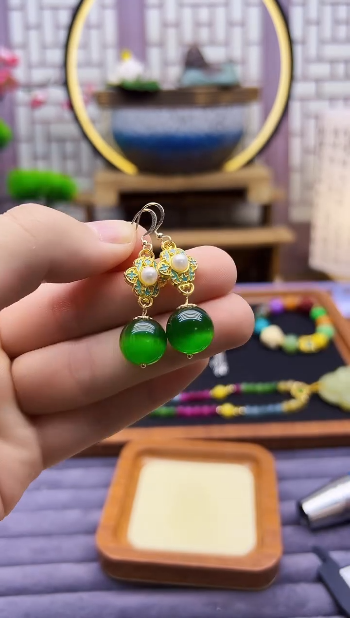 碧玺猫眼耳饰14K金镶嵌E56