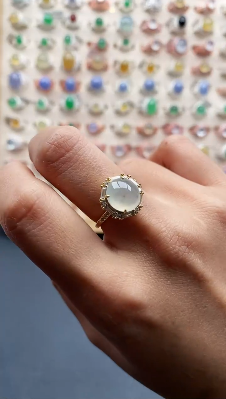 【闪购商品】翡翠戒指银S925镶嵌缅甸天然A货翡翠444 9+1