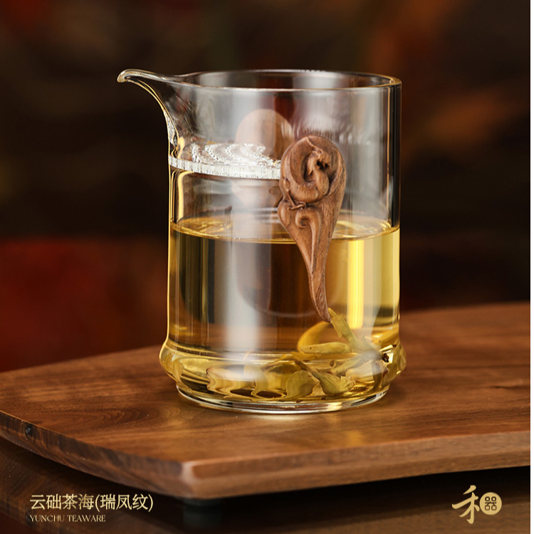 禾器玻璃公道杯云础茶海瑞凤纹带滤片木把手分茶器
