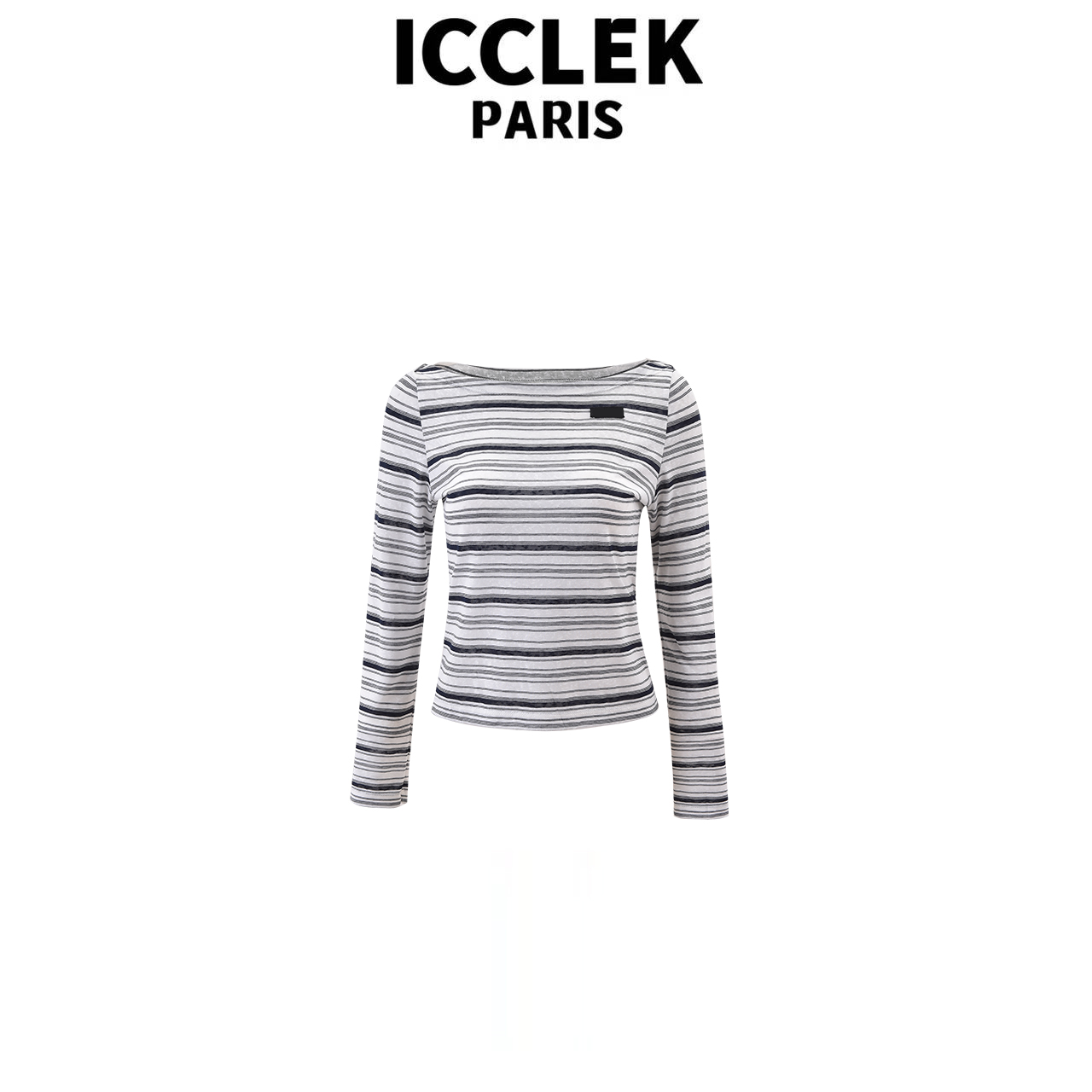 ICCLEK 藏蓝色条纹条圆领气质减龄百搭显瘦通勤打底时尚早秋-9019