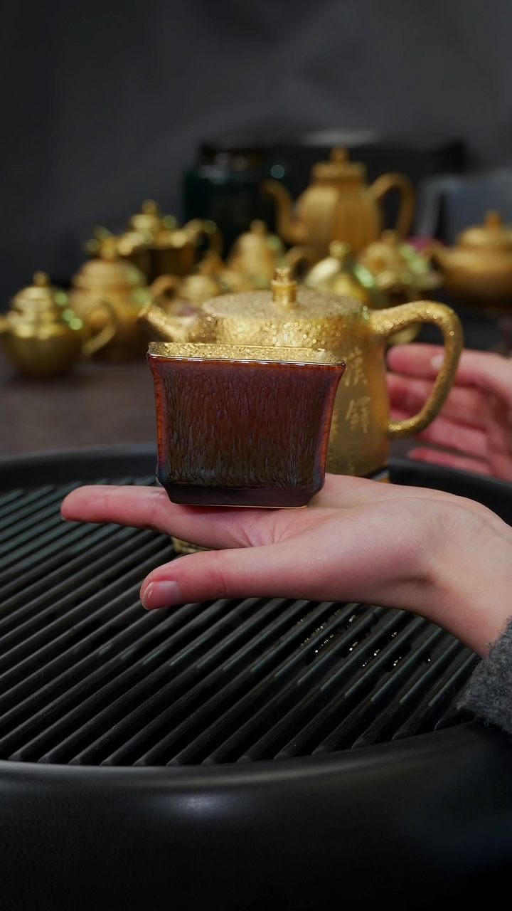 【闪购商品】杯【宜景窑天目釉红釉鎏金】方杯